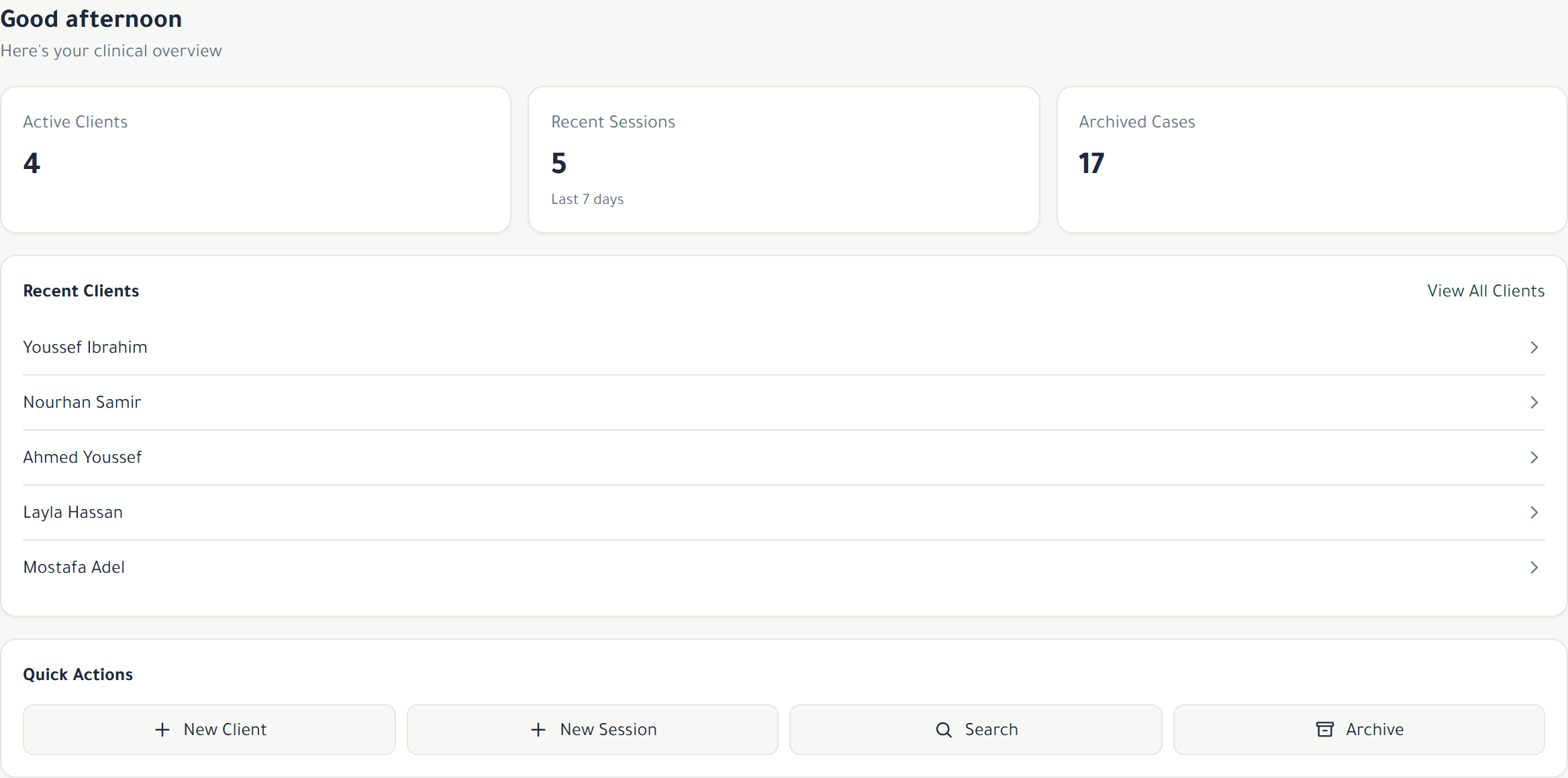 TherAssist dashboard showing active clients, recent sessions, and quick actions