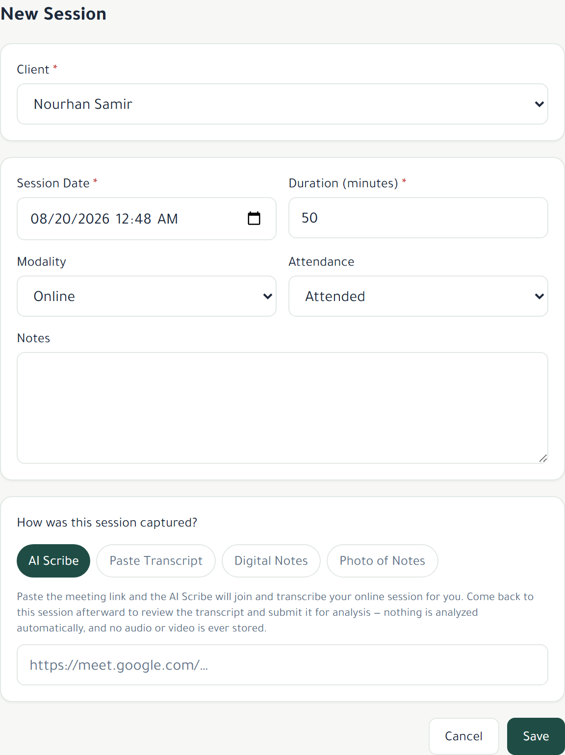 TherAssist New Session form with AI Scribe, Paste Transcript, Digital Notes, and Photo of Notes options