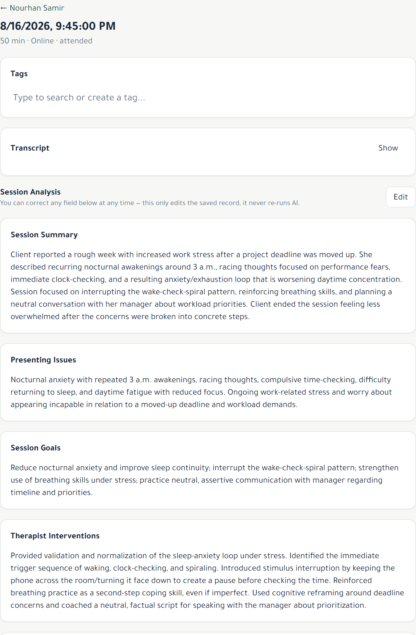 TherAssist session detail showing full AI session analysis