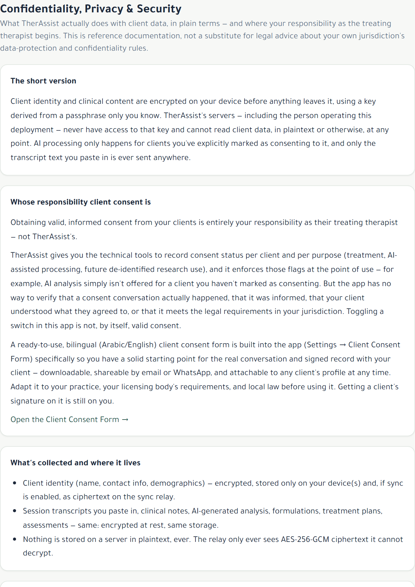 TherAssist in-app Confidentiality, Privacy and Security page